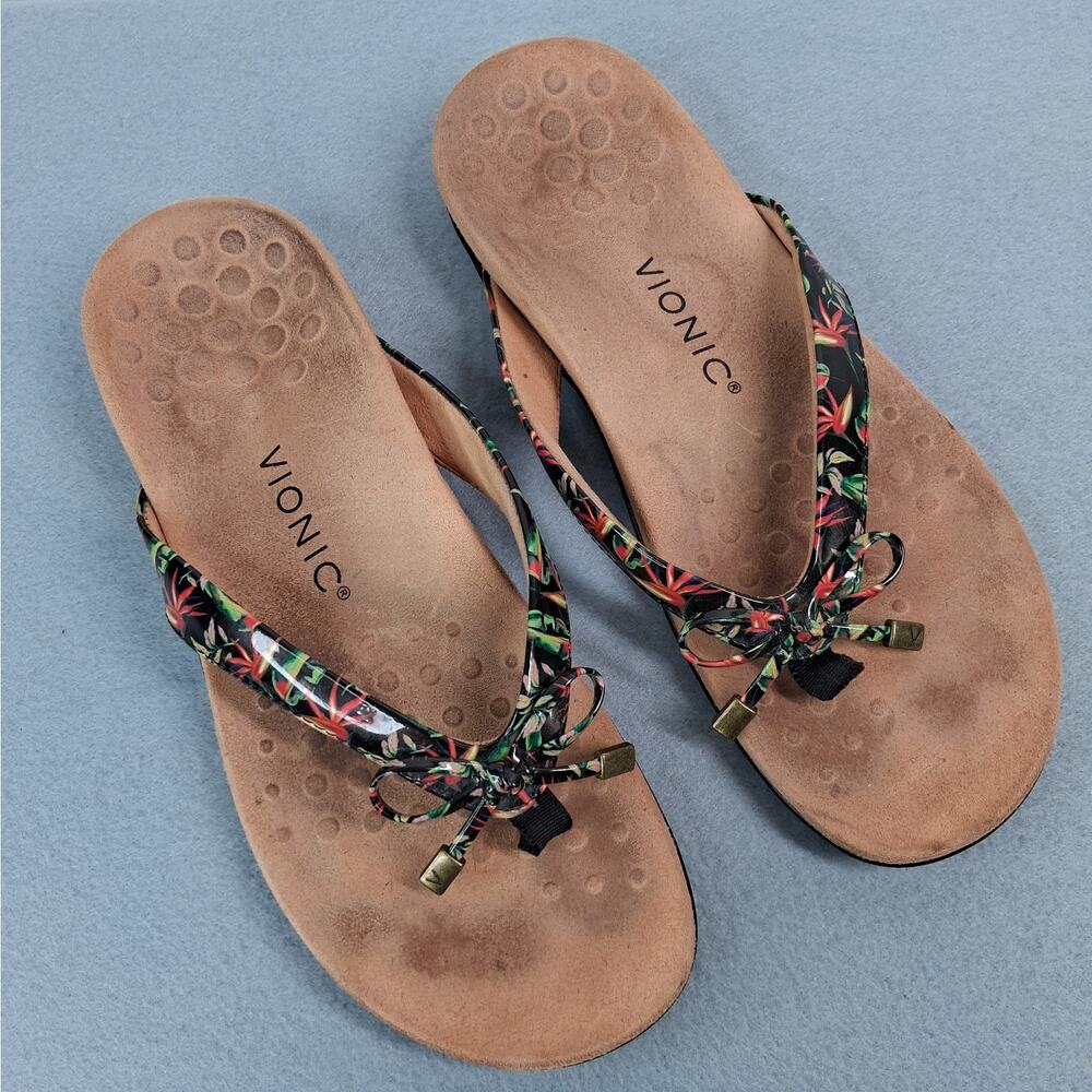 Vionic Bella II Toe Post Thong Sandals Women's Size 9 Black w/ Tropical Print